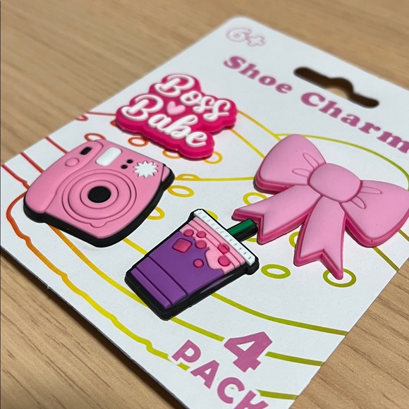 Pink, Purple, and White Boss Babe, Camera, Bow, Boba Croc Shoe Charms 4-Pack Set - Picture 3 of 4
